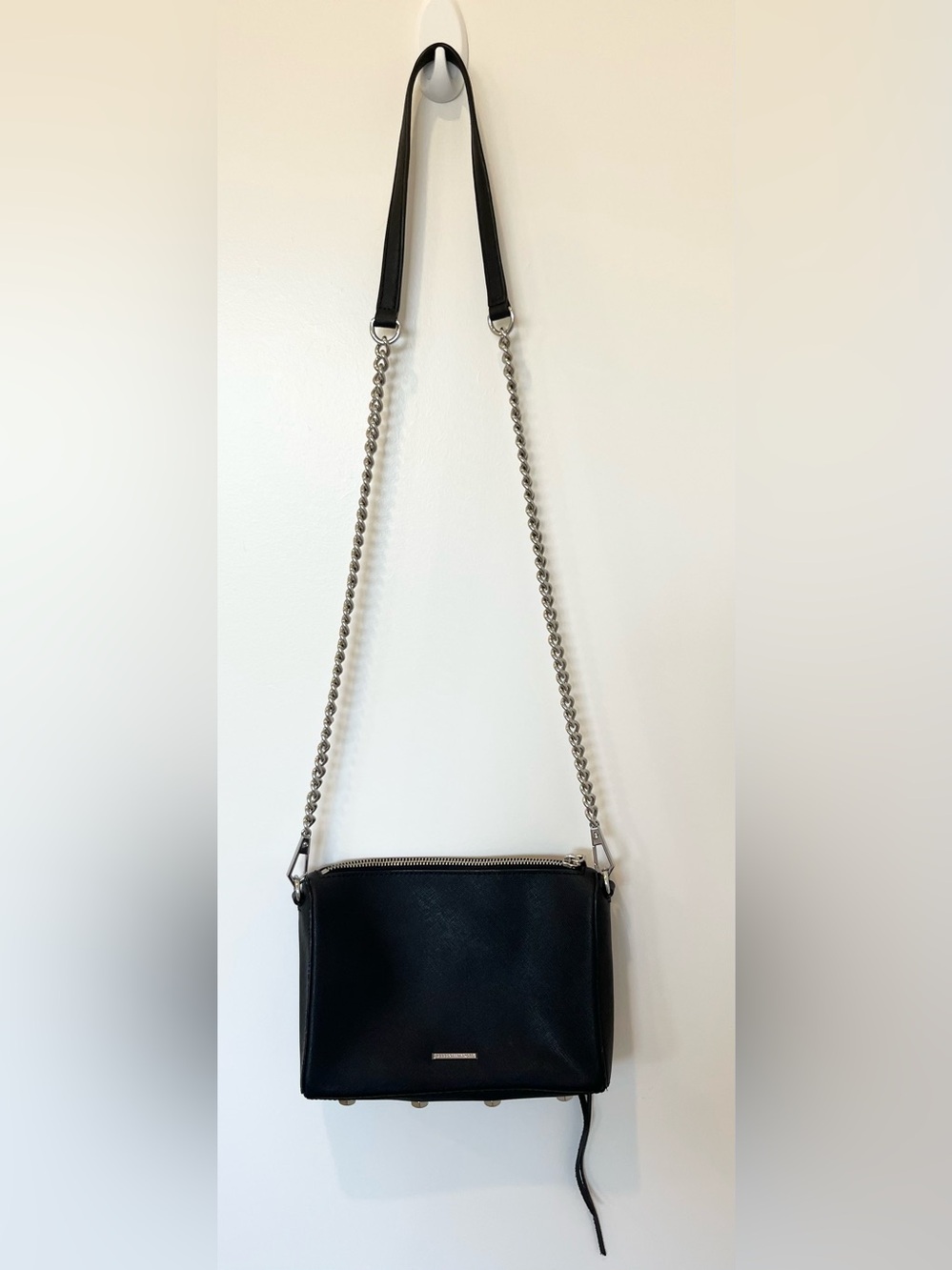 Rebecca Minkoff Avery Black Saffiano Leather Crossbody Bag Silver Hardware Chain - Picture 11 of 11